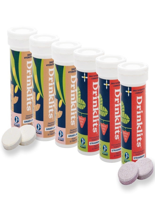 Drinklits Ginger-Lime Electrolyte Hydration & Strawberry Immunity Tablets (6) Tube Combo Pack | Great Taste – Gluten Free – Daily Use | 60 Servings (10 Tablets Per Tube) - Image 1